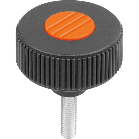 Kipp Knurled Knob Size:1, D1=40 D=M05X40 , Form:L, Plastic Black Ral7021, Comp:Steel, Cap:Orange Ral 2004 K0260.51051X40
